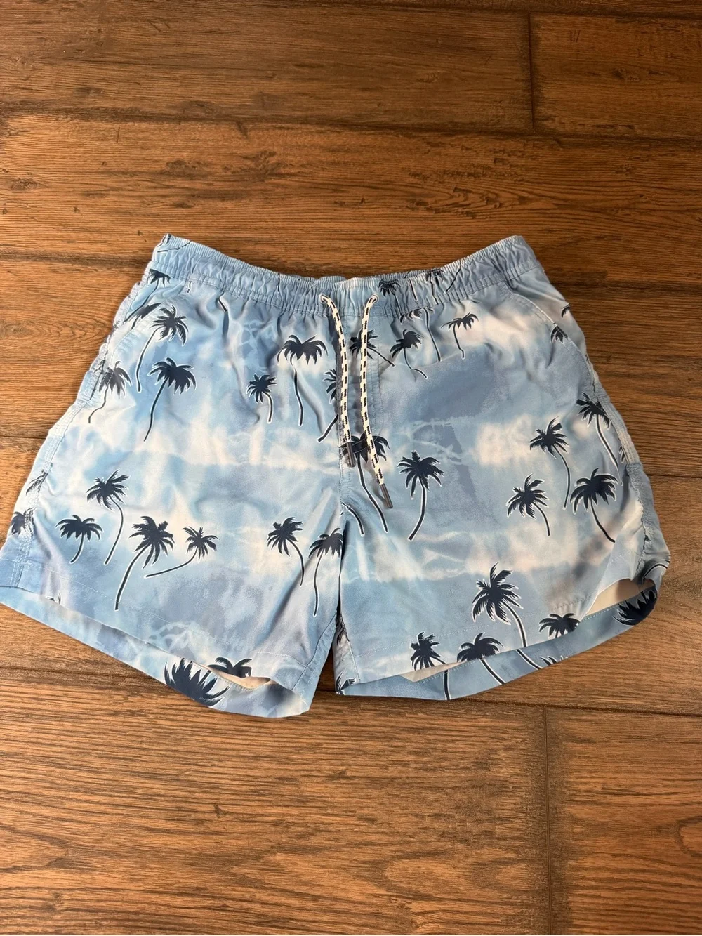 American Eagle Outfitters Light Blue Palm-Print Swim Trunks